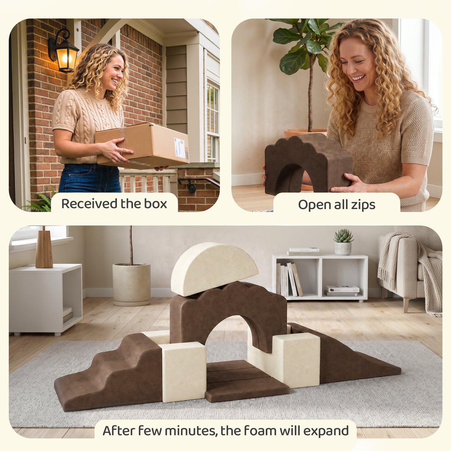 Kids Soft Play Set, 7PCS Foam Climbing Blocks with Anti-Slip Base, Montessori Inspired Climb and Crawl Foam Blocks, Indoor Kids Soft Play Set for Toddlers 1-3 Motor Skills, Brown