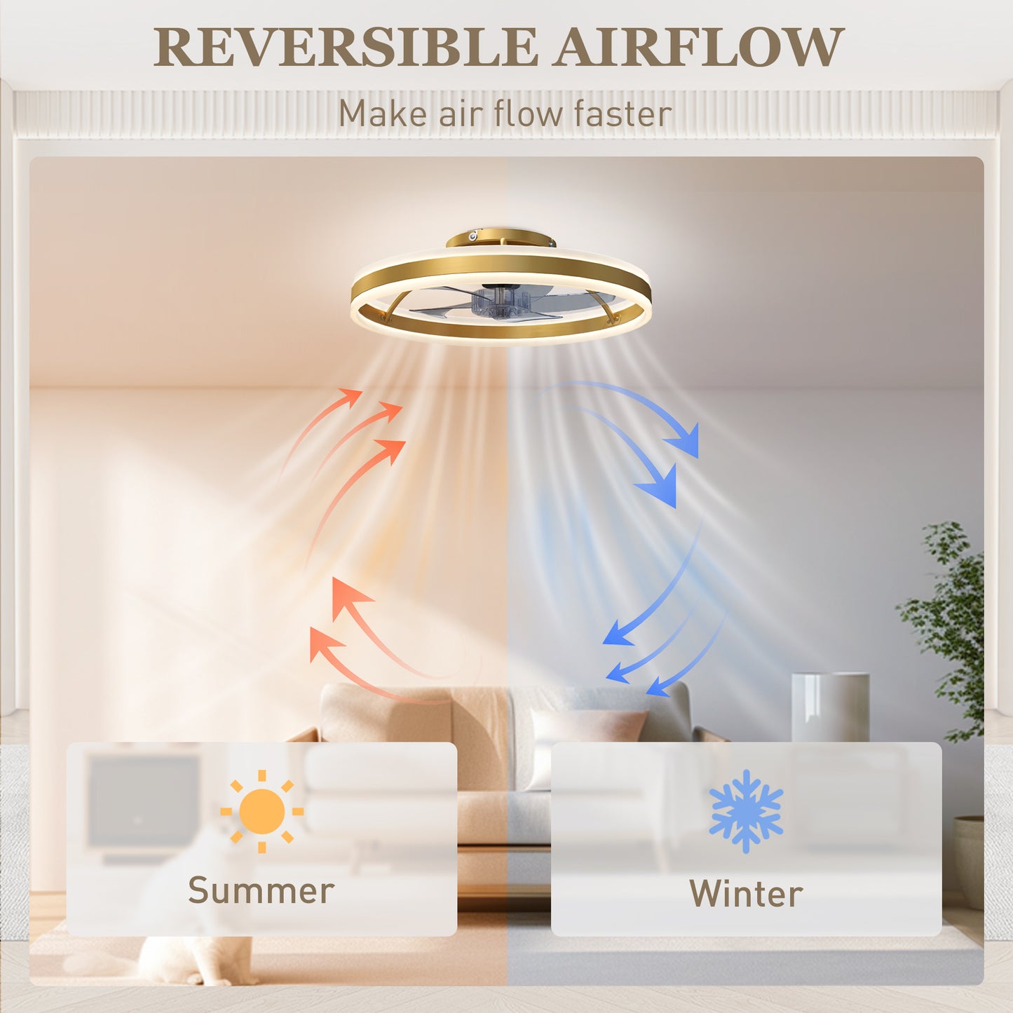 Ceiling Fan with Light and Remote, 3 Colour Temperatures, 50cm, Gold