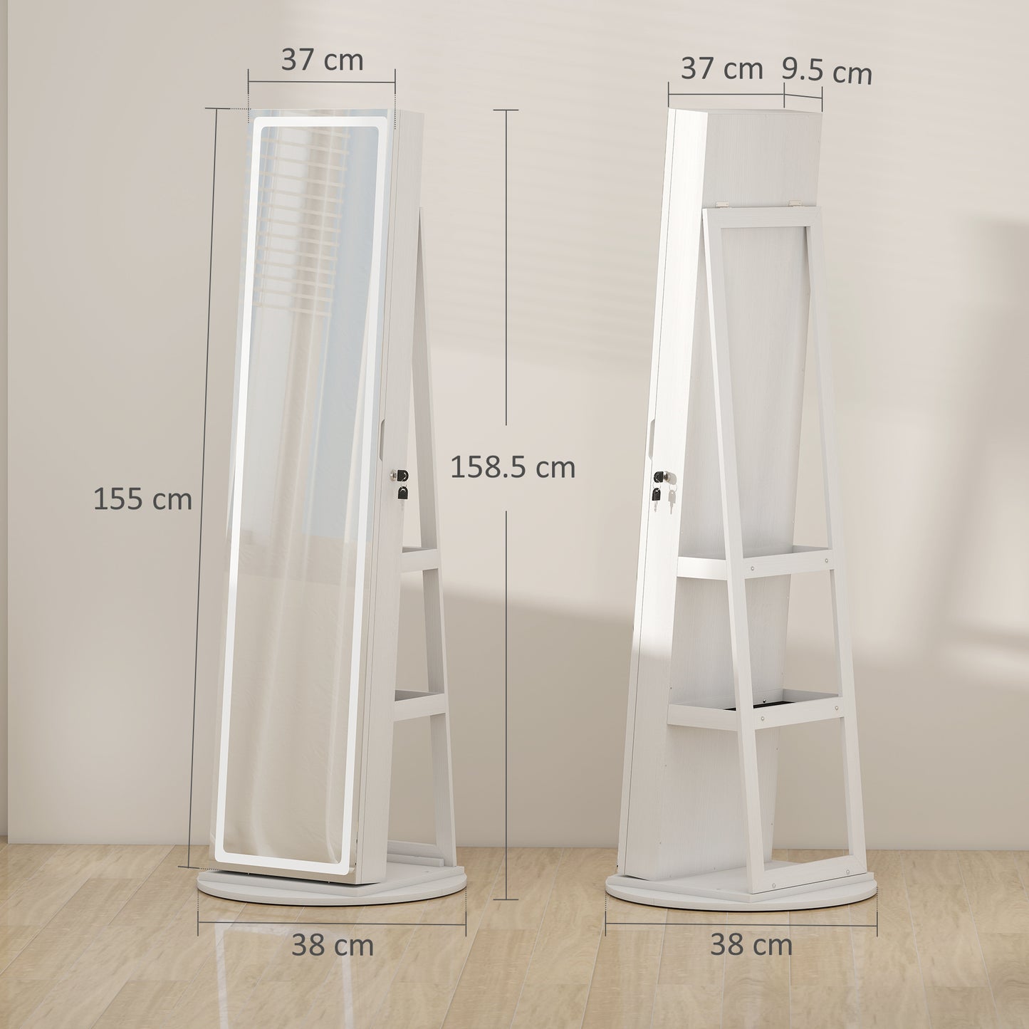 360° Swivel Jewellery Cabinet, Full Length Mirror with Storage, White