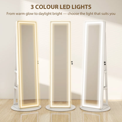 360° Swivel Jewellery Cabinet, Full Length Mirror with Storage, White
