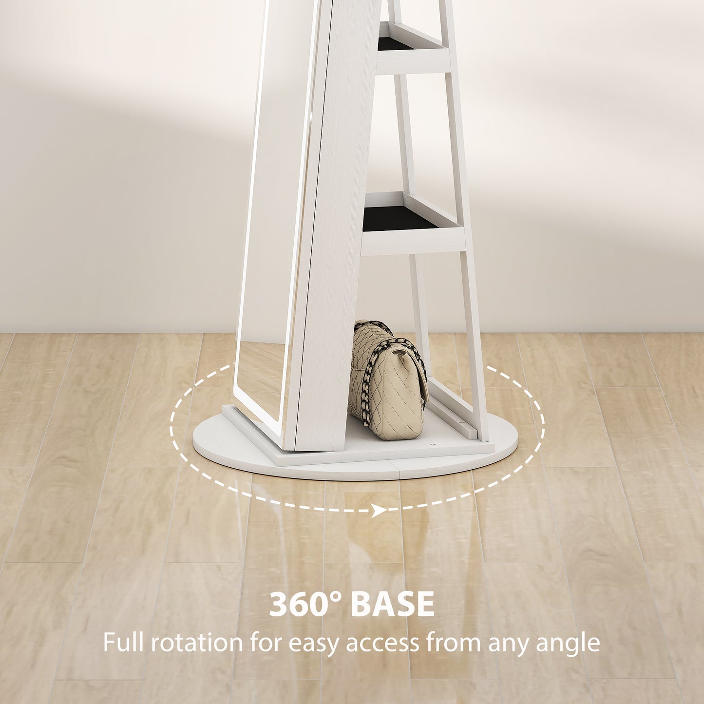 360° Swivel Jewellery Cabinet, Full Length Mirror with Storage, White
