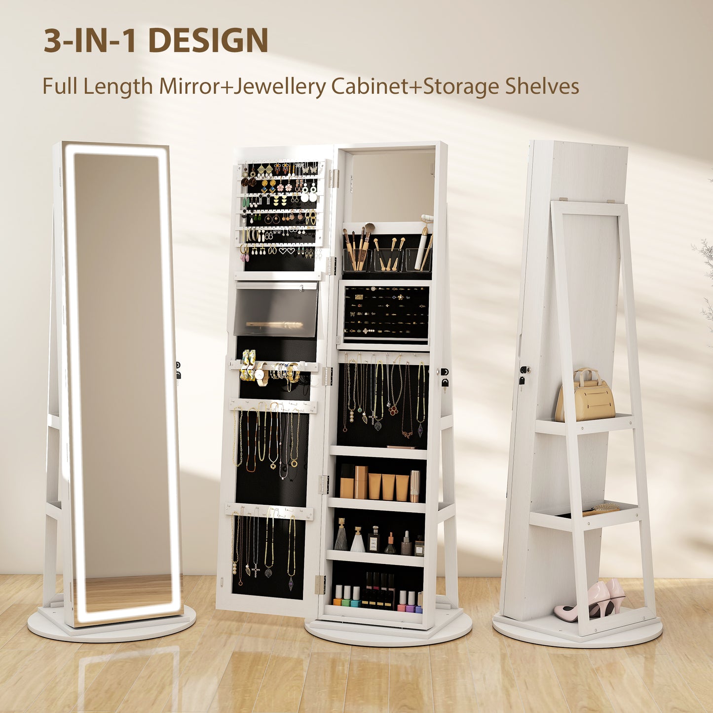 360° Swivel Jewellery Cabinet, Full Length Mirror with Storage, White