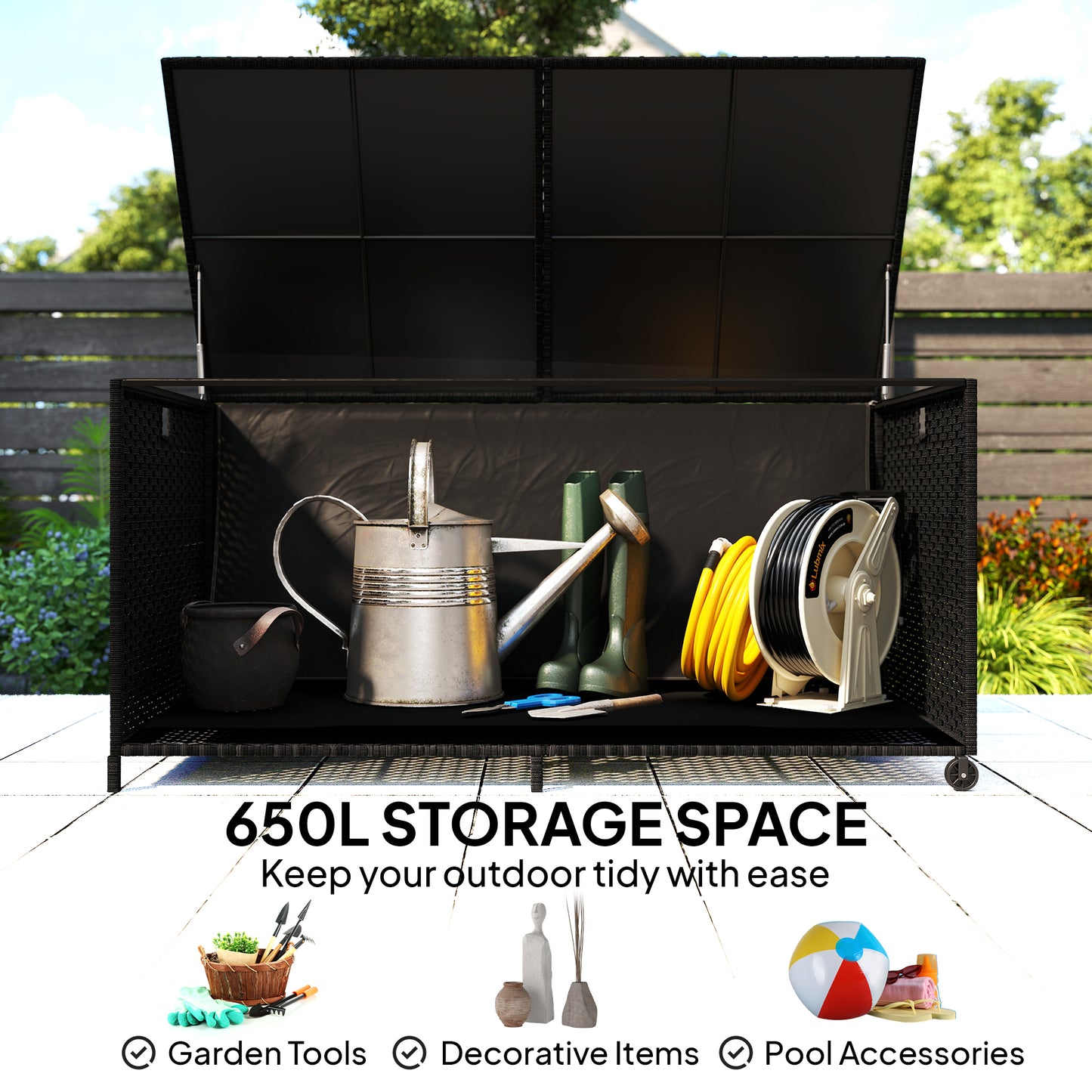 650L Garden Storage Box with Wheels, Waterproof Liner, Black