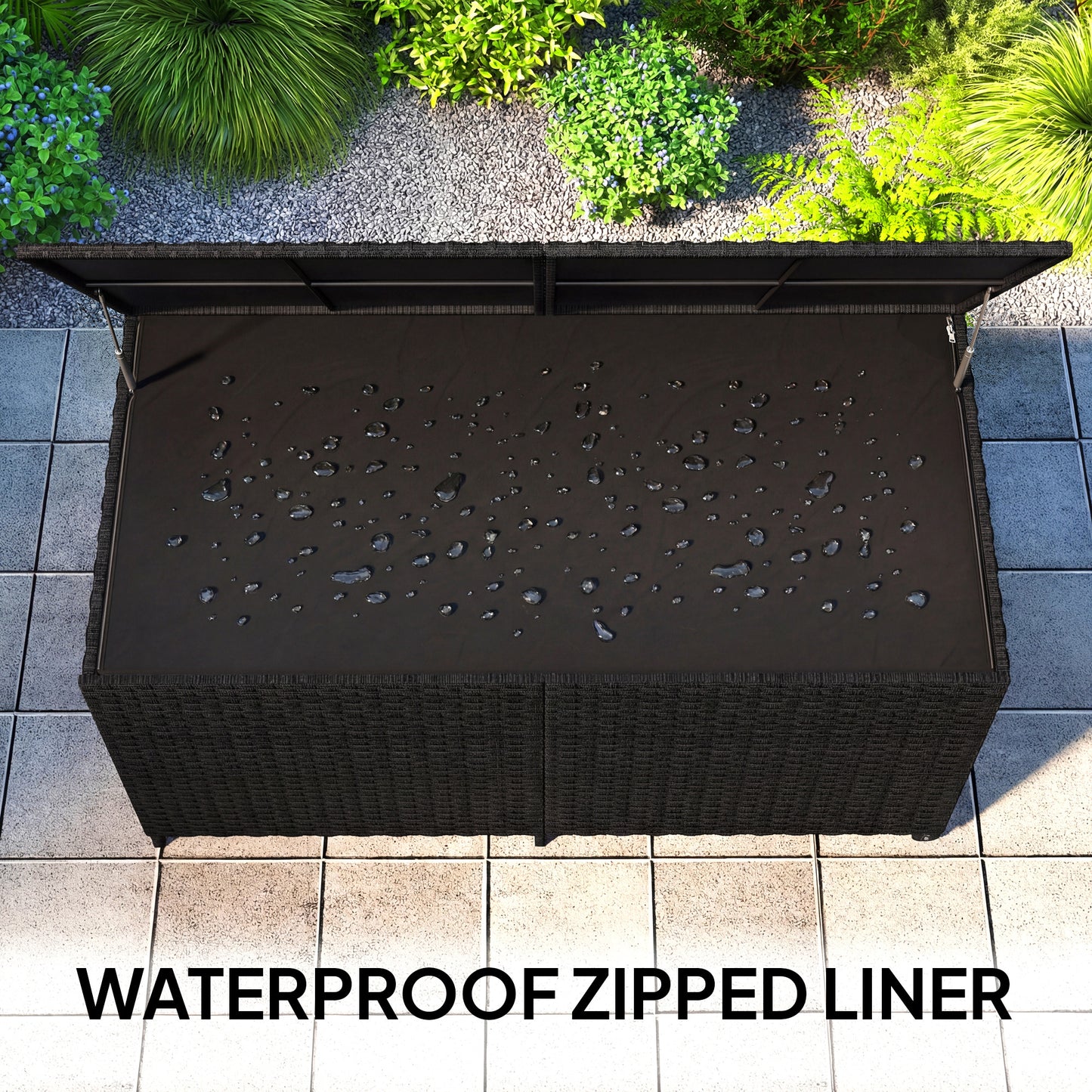 650L Garden Storage Box with Wheels, Waterproof Liner, Black