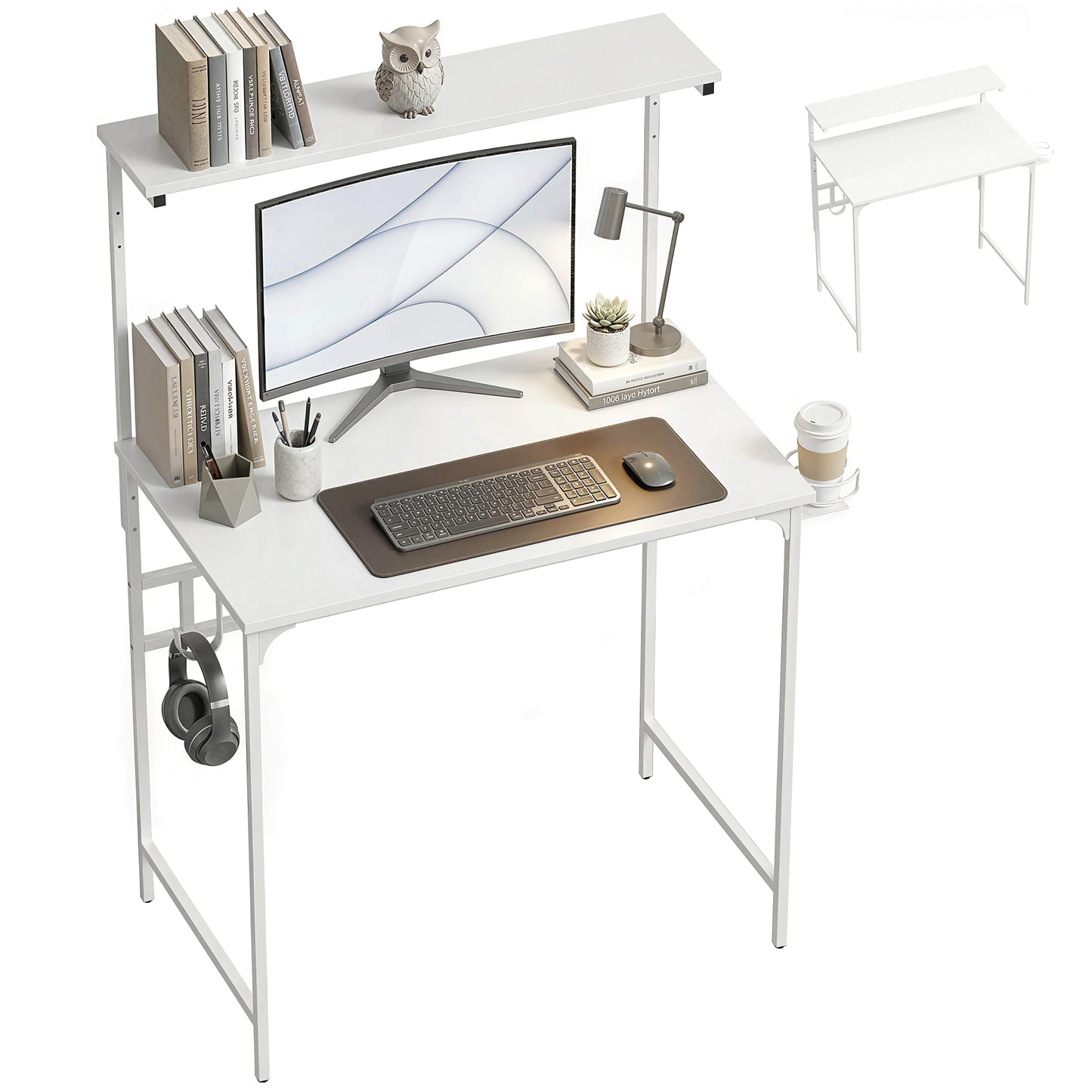 Computer Desk, 80cm Home Office Study Table with Hutch Shelf, White