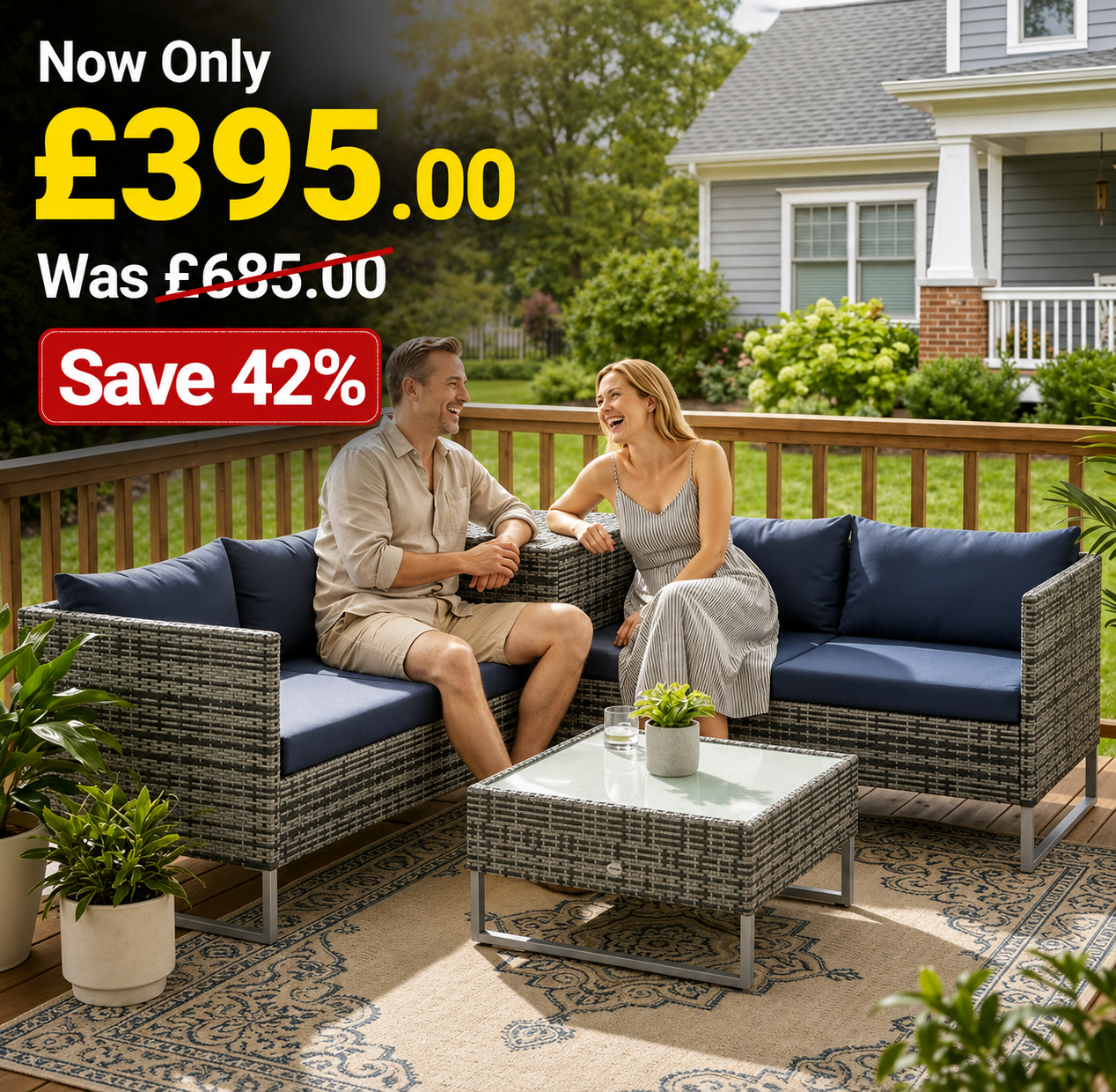 Rattan Garden Furniture Set with Storage Table, Cushions, Dark Blue