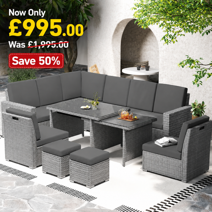 10-Seater Sofa Sectional w/ Cushioned Seat, Footstools and Glass Table