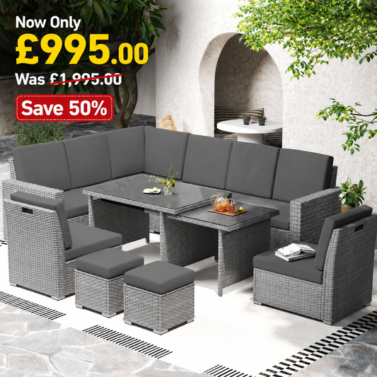 10-Seater Sofa Sectional w/ Cushioned Seat, Footstools and Glass Table