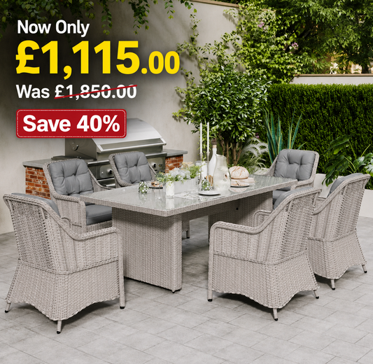 6 Seater Rattan Dining Set with Glass Top Table and Cushions, Grey