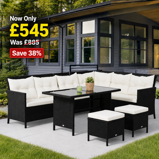 8-Seater Garden Rattan Furniture Rattan Corner Dining Set Outdoor Wicker Conservatory Furniture Lawn Patio Coffee Table Foot Stool, Black