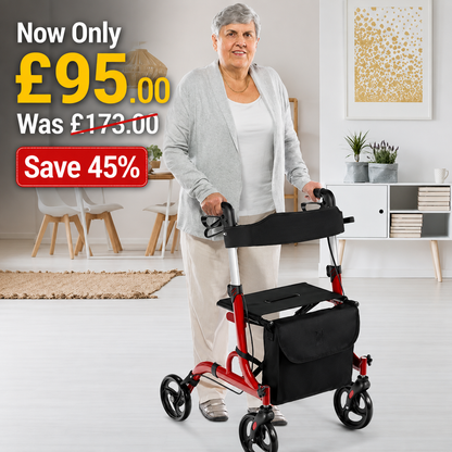 Folding Rollator Walker Frame with Seat and Backrest, Lightweight Frame with Storage bag & dual brakes - Red