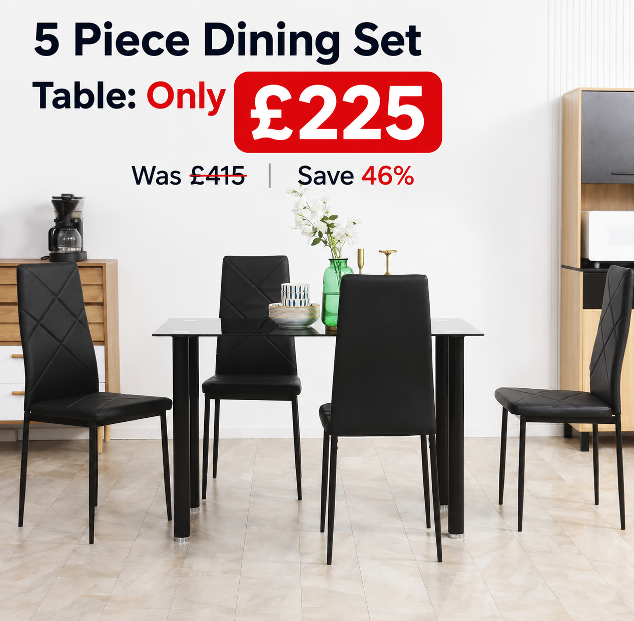 Modern Dining Table Set for 4, Space-Saving 5 Pieces Kitchen Table Set with Rectangle Table and Steel Frame, Black