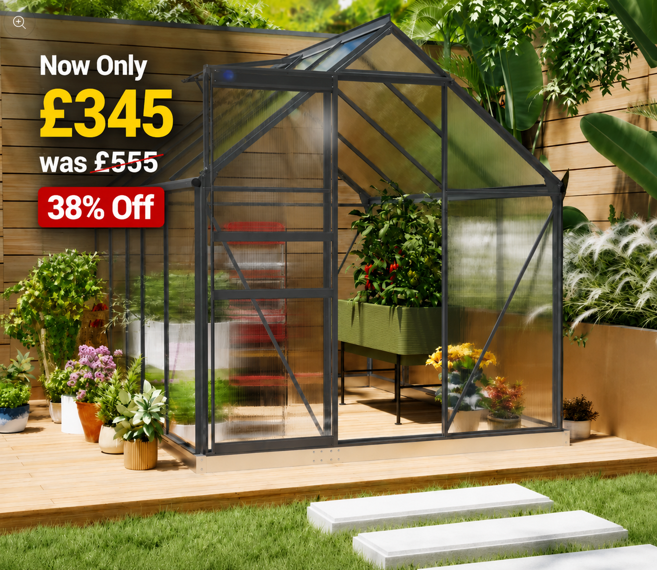 6 x 8ft Polycarbonate Greenhouse, Large Walk-In Greenhouse with Adjustable Roof Vent, Garden Green House with Galvanised Base, Sliding Door and Rain Gutter, Dark Grey
