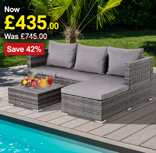 3PC Rattan Garden Furniture Storage Set 4 Seater Wicker Coffee Table Conservatory Sun Lounger Reclining Set Outdoor Weave with Cushion Grey