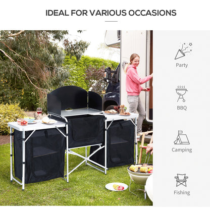 Folding Camping Kitchen Cooking Table With Windscreen, Enclosed Cupboards, Aluminium Frame for BBQ, Party, Picnic