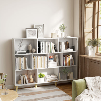 Bookshelf with 10 Cubbies, 3-Tier Book Shelf with Wood Legs, White