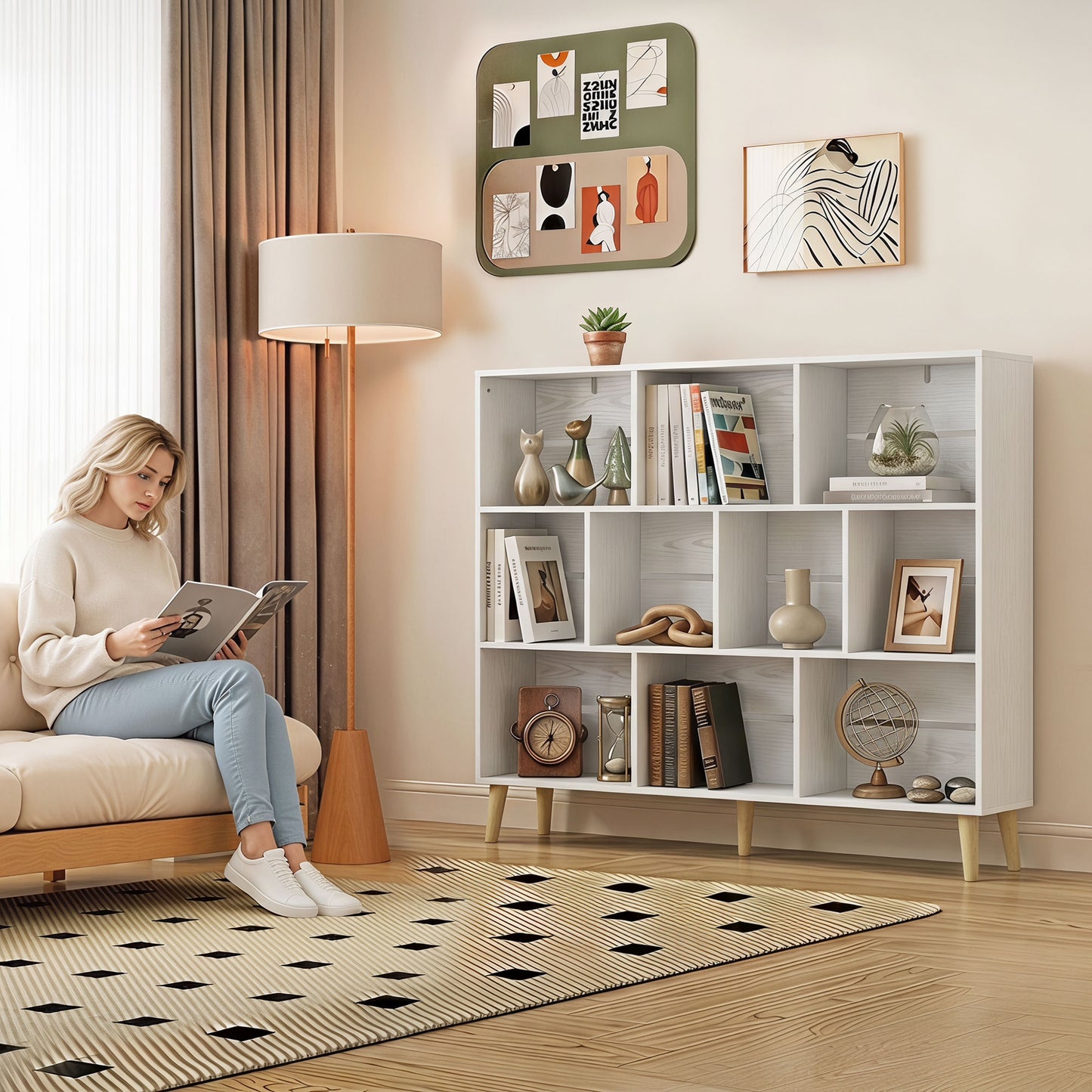 Bookshelf with 10 Cubbies, 3-Tier Book Shelf with Wood Legs, White