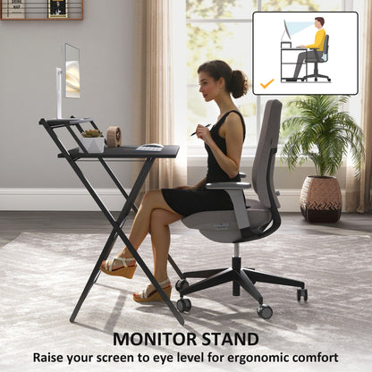 Folding Desk with Monitor Shelf, 81.5 cm Foldable Computer Desk for Small Spaces, Space Saving Writing Table Workstation for Home Office, Study, Easy Assembly, Black