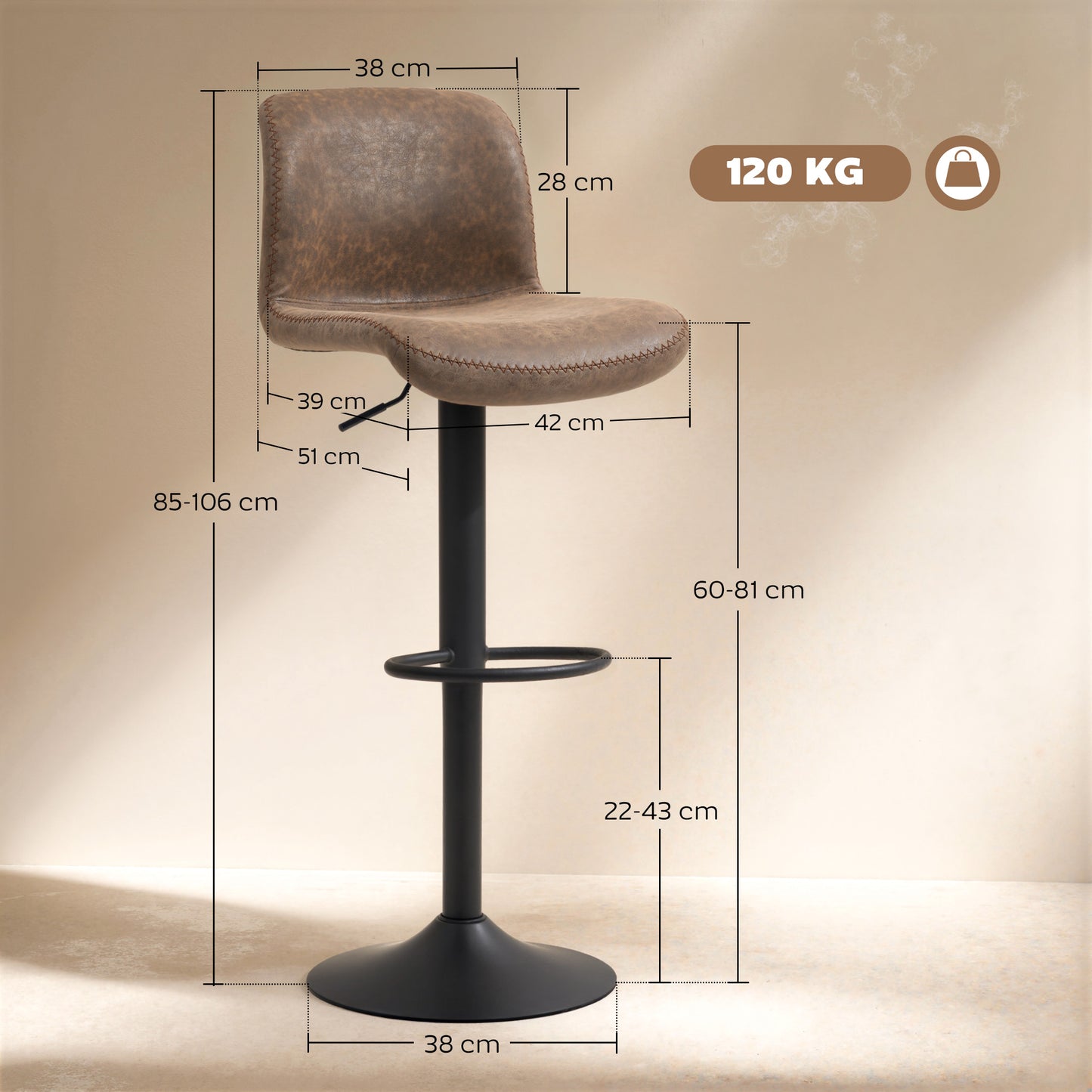 Barstools Set of 2, Dining Stools with Backrest and Footrest, Brown