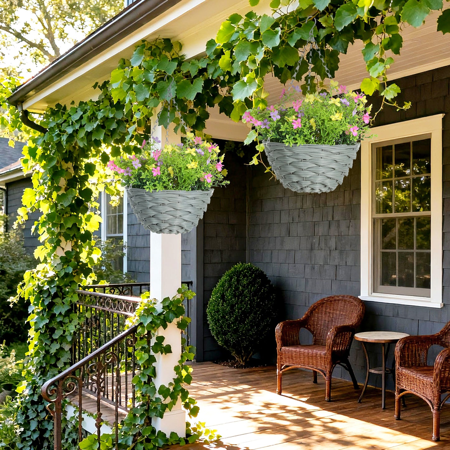 Set of 2 Artificial Cosmos Flowers, Hanging Planters with Basket