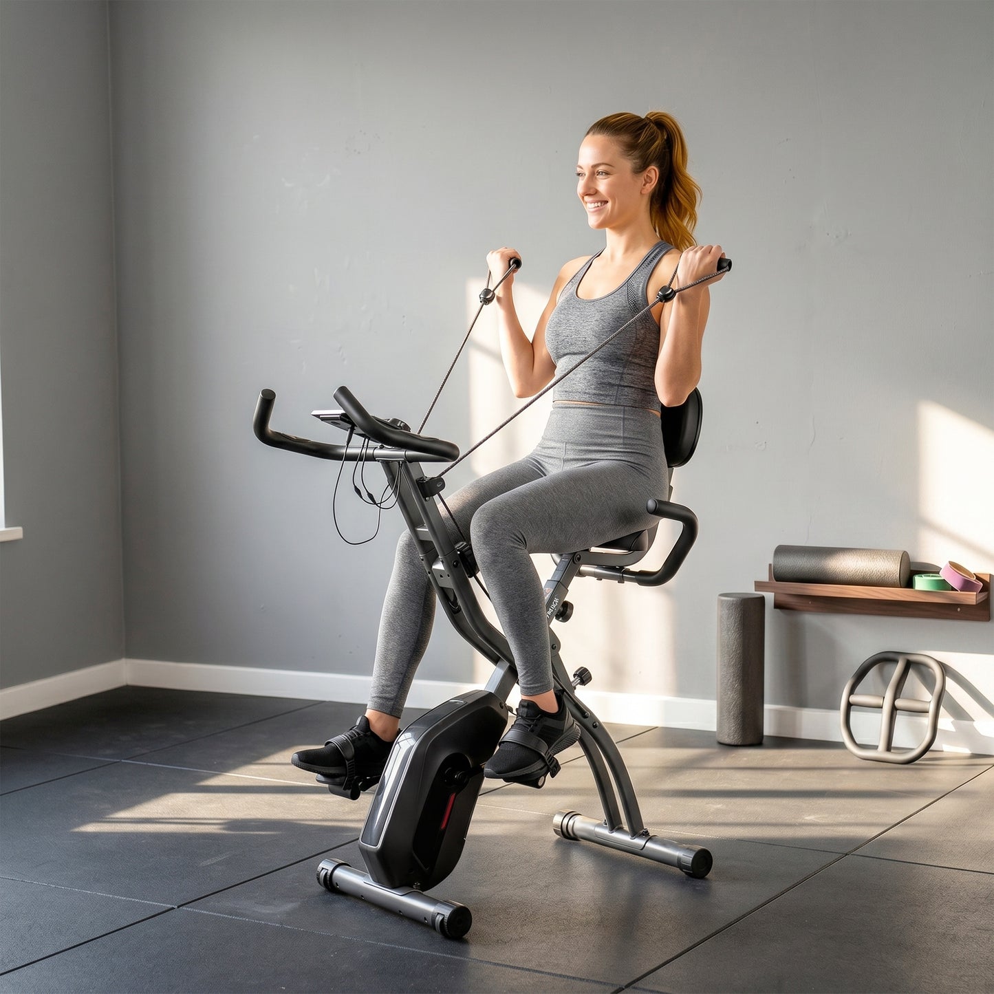 3-In-1 Folding Exercise Bike with Resistance Bands, Indoor Stationary Bike with Bluetooth App, Quiet 8-Level Magnetic Resistance, LCD Display, Pulse Sensor, Adjustable Seat, Wheels, Black