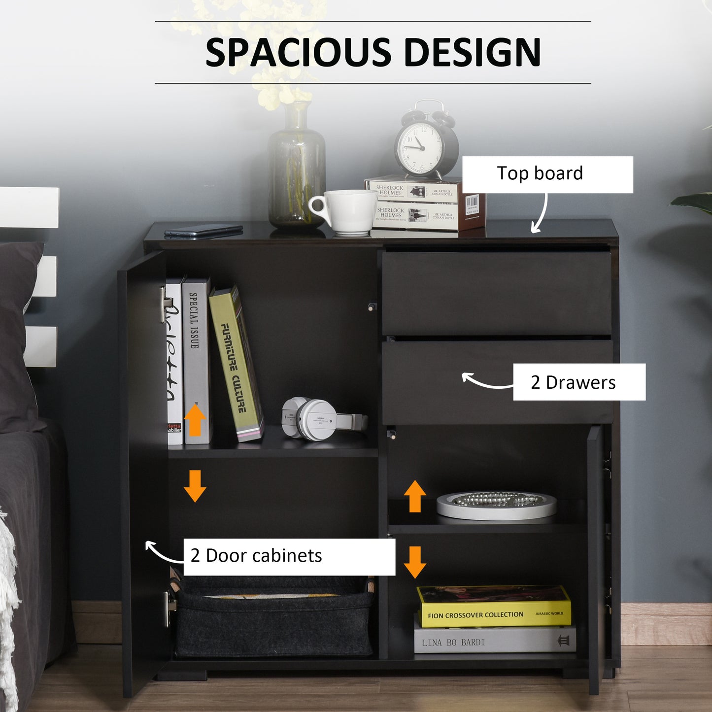Side Cabinet with 2 Door Cabinet and 2 Drawer for Home Office, Black
