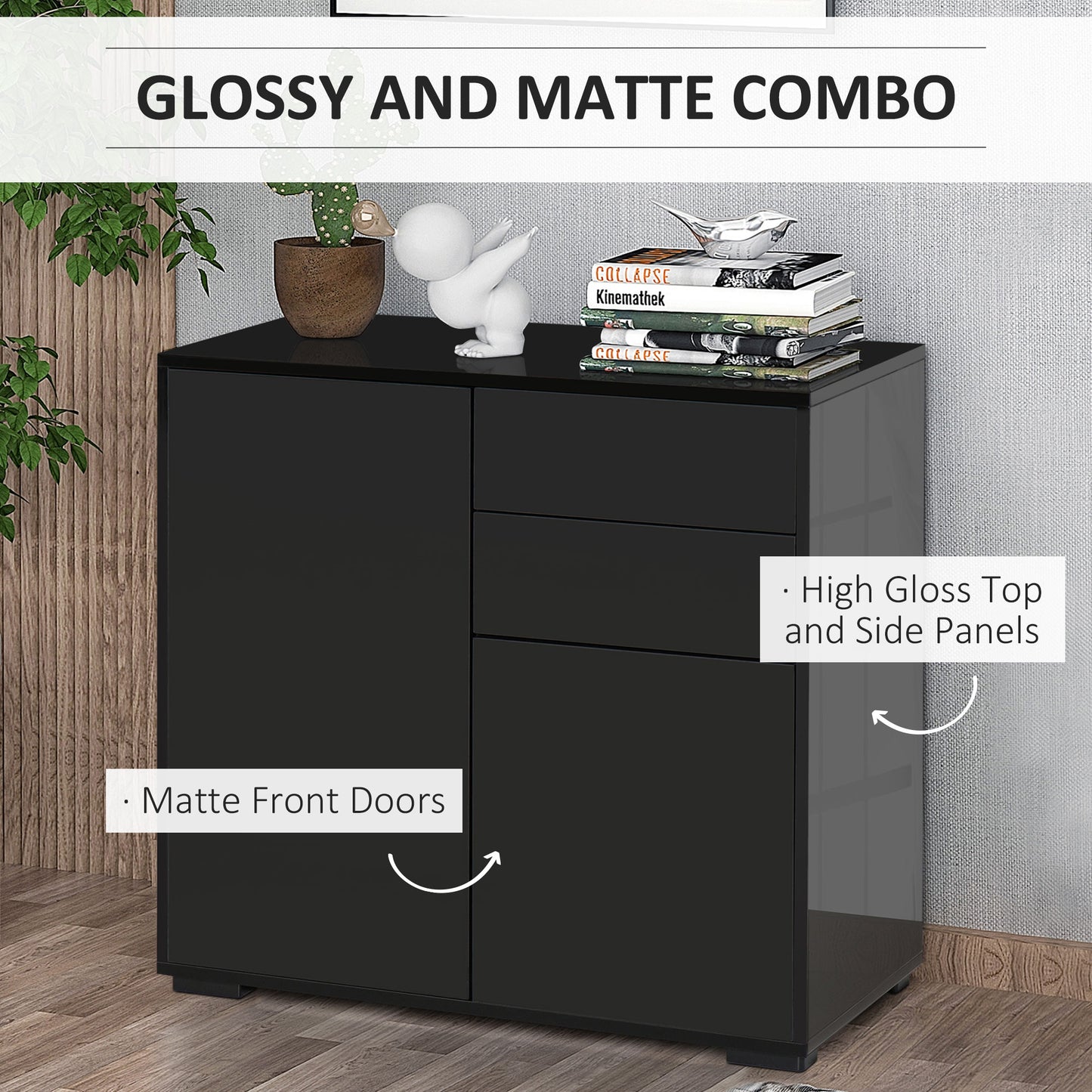 Side Cabinet with 2 Door Cabinet and 2 Drawer for Home Office, Black