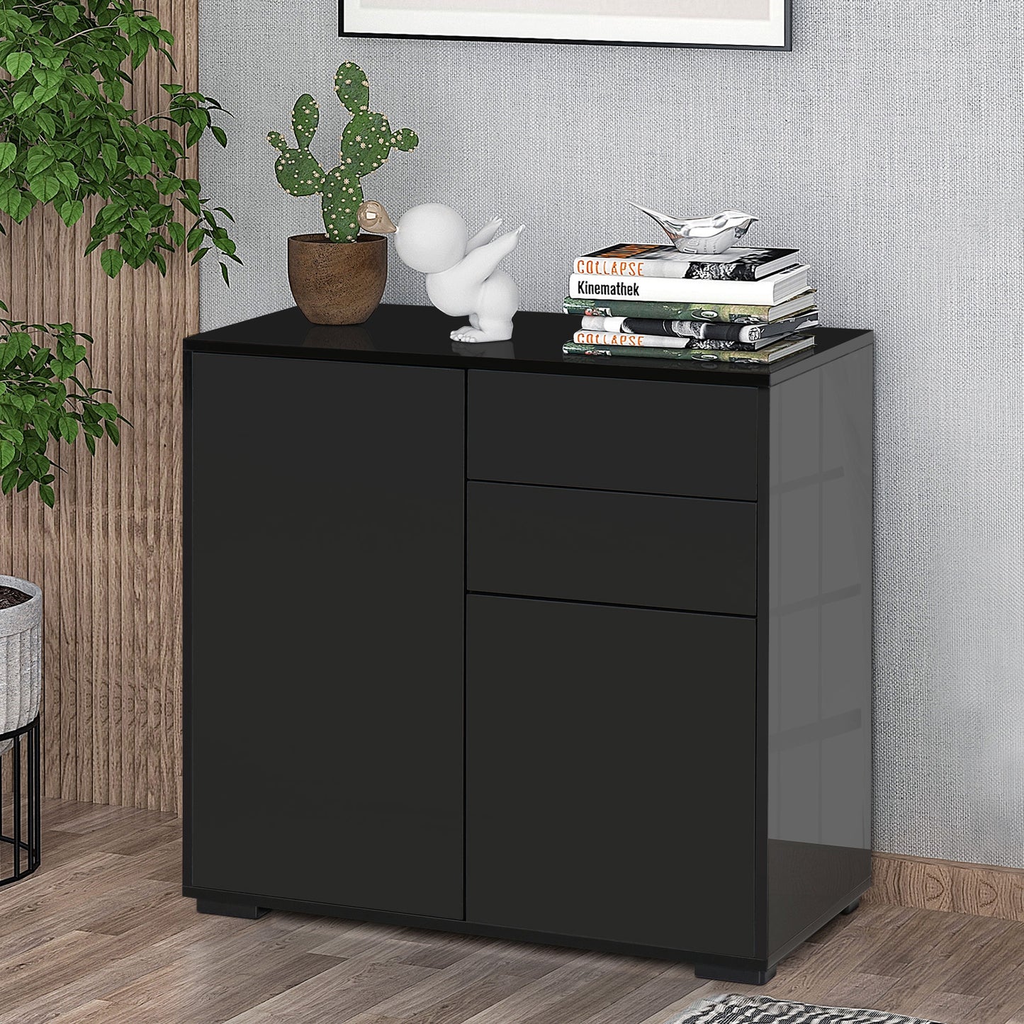 Side Cabinet with 2 Door Cabinet and 2 Drawer for Home Office, Black