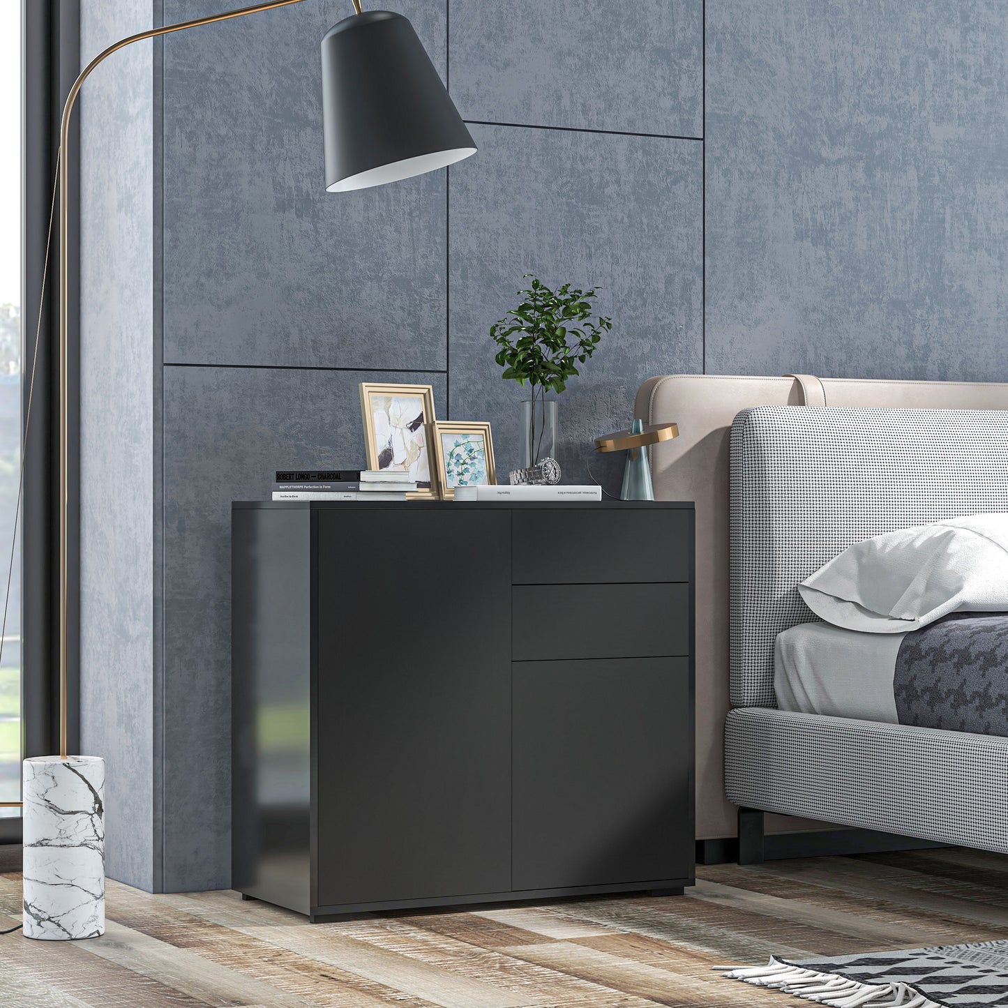 Side Cabinet with 2 Door Cabinet and 2 Drawer for Home Office, Black