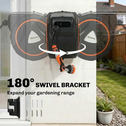 Retractable Hose Reel Wall Mounted, 23+2m Garden Hose Pipe Reel with Auto Retraction, Self-Locking, Slow Return System, 180° Swivel Bracket, 12-Pattern Nozzles and Faucet Adaptor, Orange