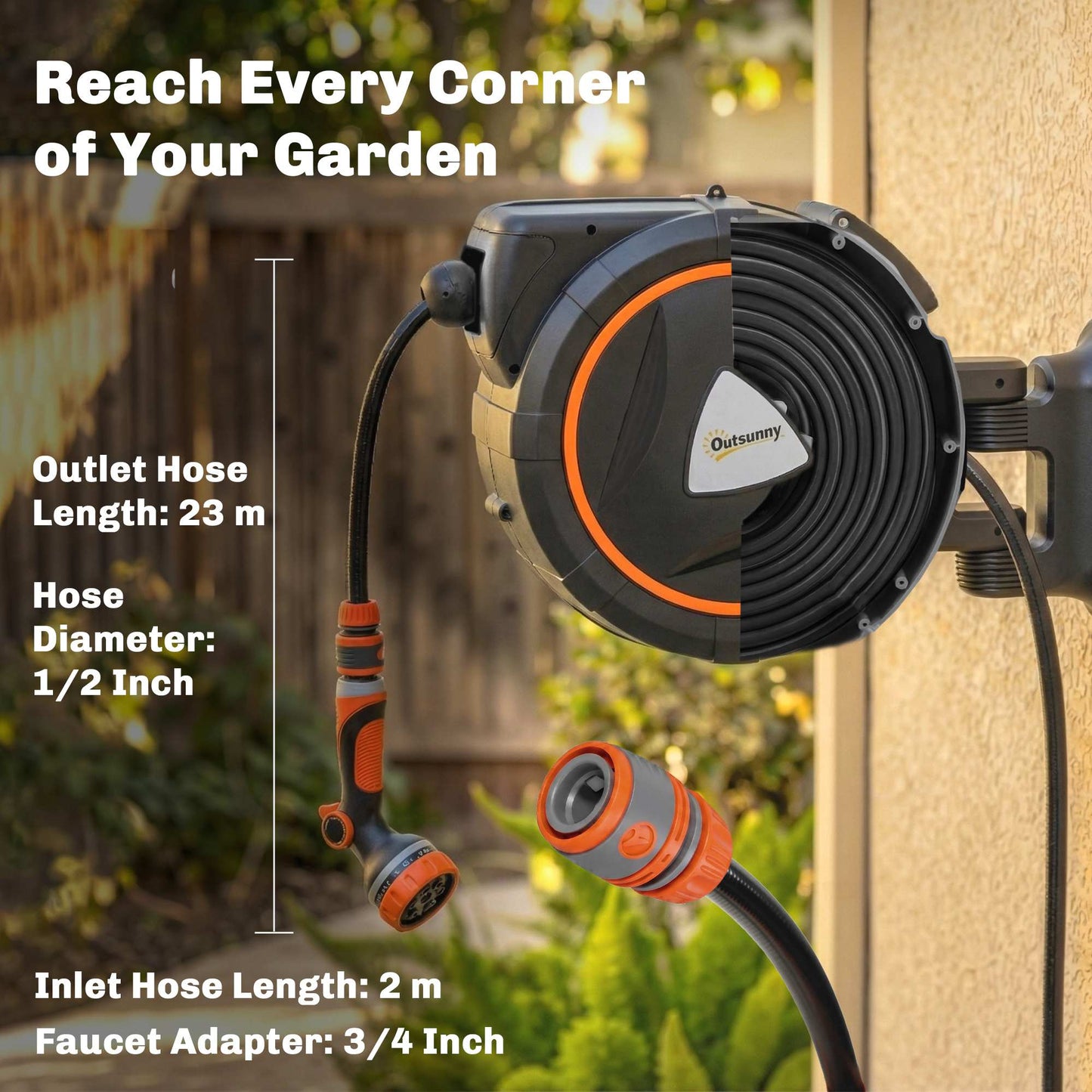 Retractable Hose Reel Wall Mounted, 23+2m Garden Hose Pipe Reel with Auto Retraction, Self-Locking, Slow Return System, 180° Swivel Bracket, 12-Pattern Nozzles and Faucet Adaptor, Orange