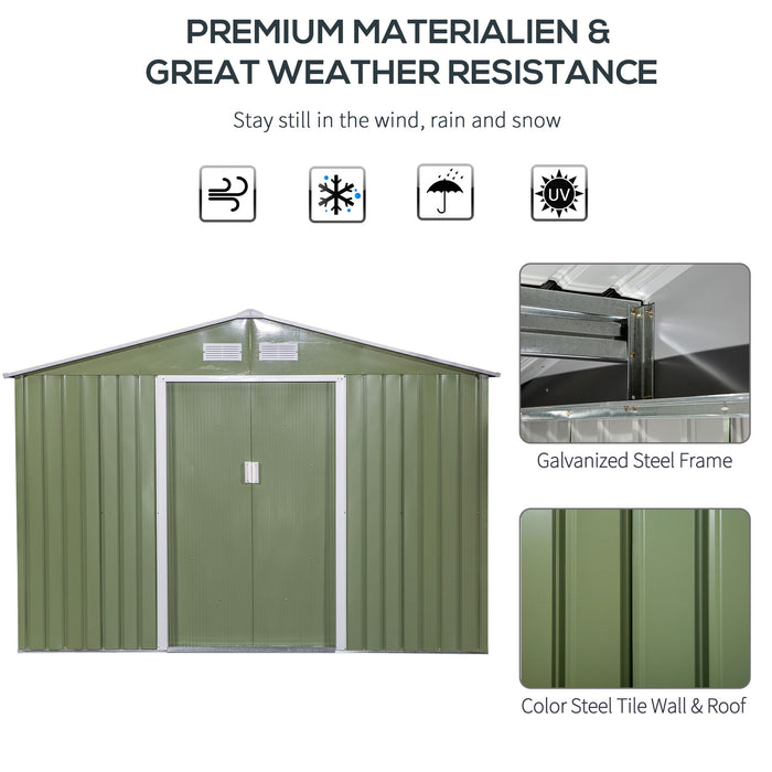 9 x 6 ft Metal Garden Storage Shed Corrugated Steel Roofed Tool Box with Foundation Ventilation and Doors, Green