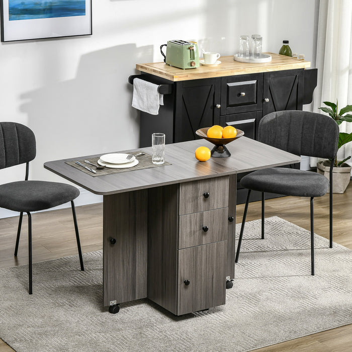 Folding Dining Table for 4-6, Rolling Drop Leaf Table with Storage Drawers, Cabinet and Open Shelf, Extendable Kitchen Table on Wheels, Grey