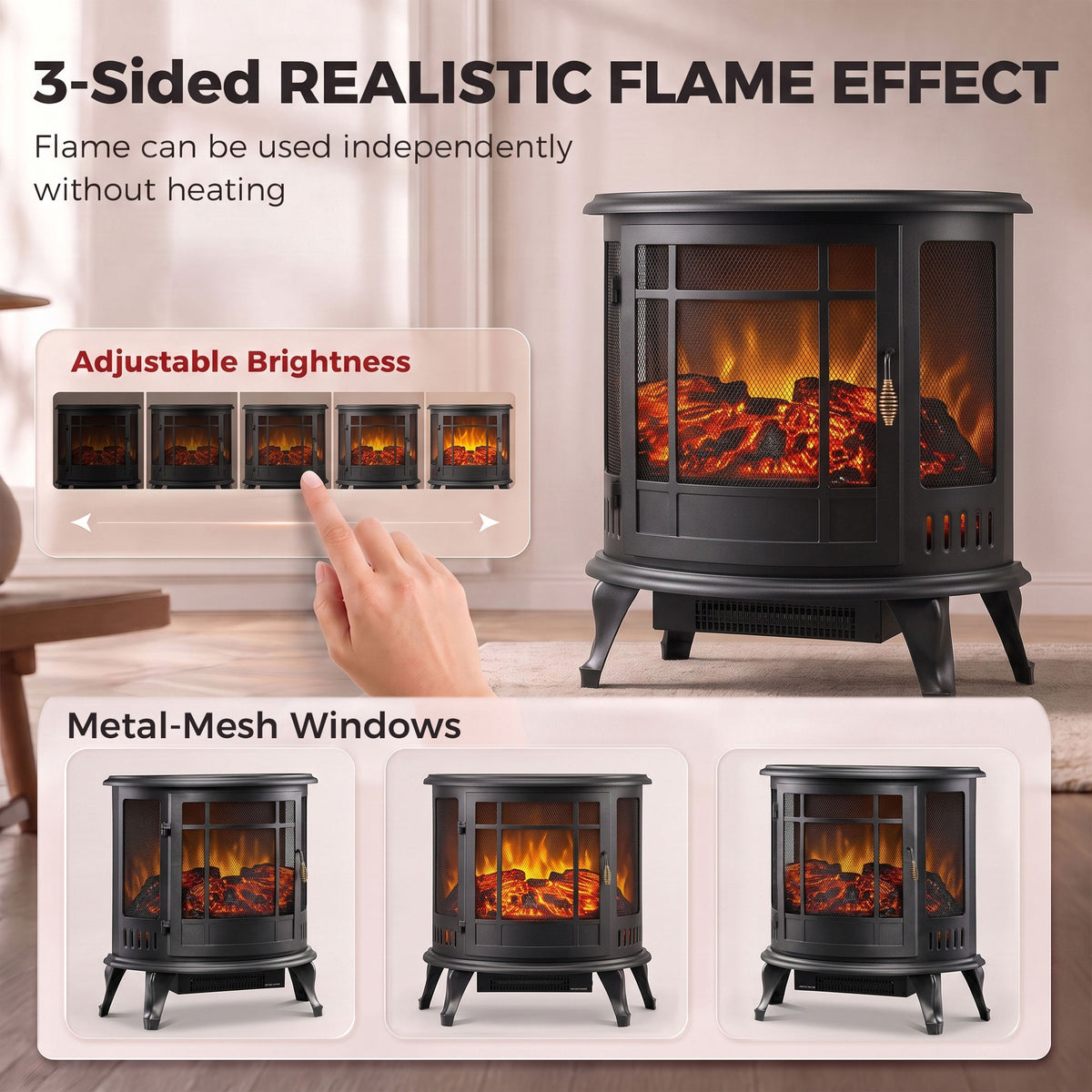 Electric Fireplace Stove with Realistic Flame, Fire Place, Black