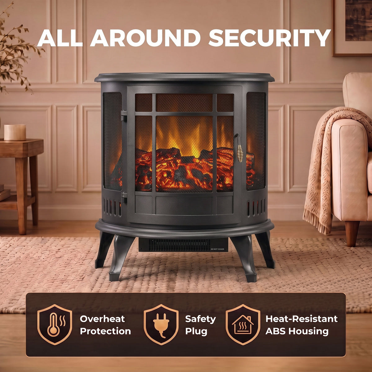 Electric Fireplace Stove with Realistic Flame, Fire Place, Black