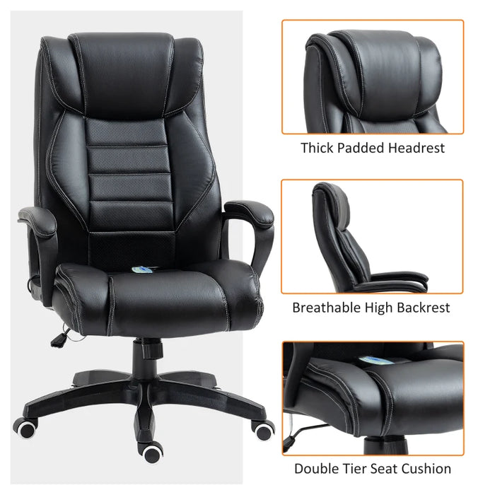 High Back Executive Office Chair 6- Point Vibration Massage Extra Padded Swivel Ergonomic Tilt Desk Seat, Black