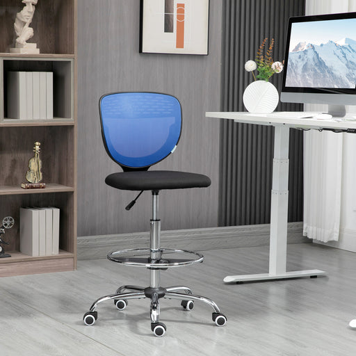 Drafting Chair, Swivel Office Draughtsman Chair, Mesh Standing Desk Chair with Lumbar Support, Adjustable Foot Ring, Armless, Blue