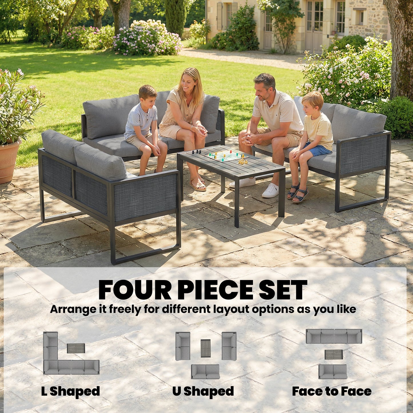 6 Seater Metal Garden Furniture Corner Sofa Set, Dark Grey