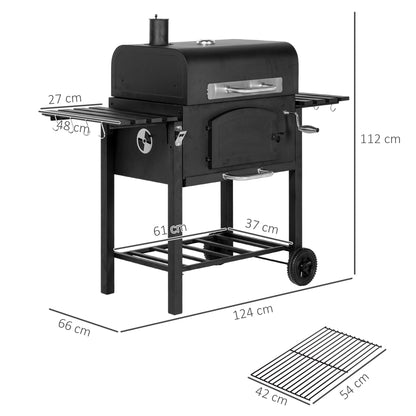 Charcoal Barbecue Grill Trolley Garden Smoker with Shelves, Adjustable Height, Thermometer on Lid, Opener and Wheels