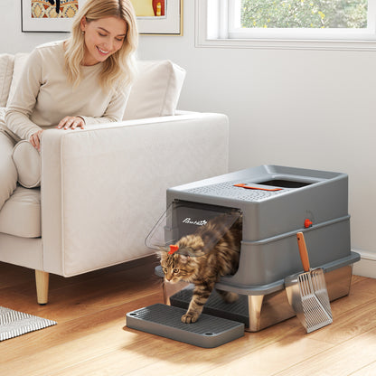 Stainless Steel Cat Litter Tray with Lid, Step, Scoop, High Side