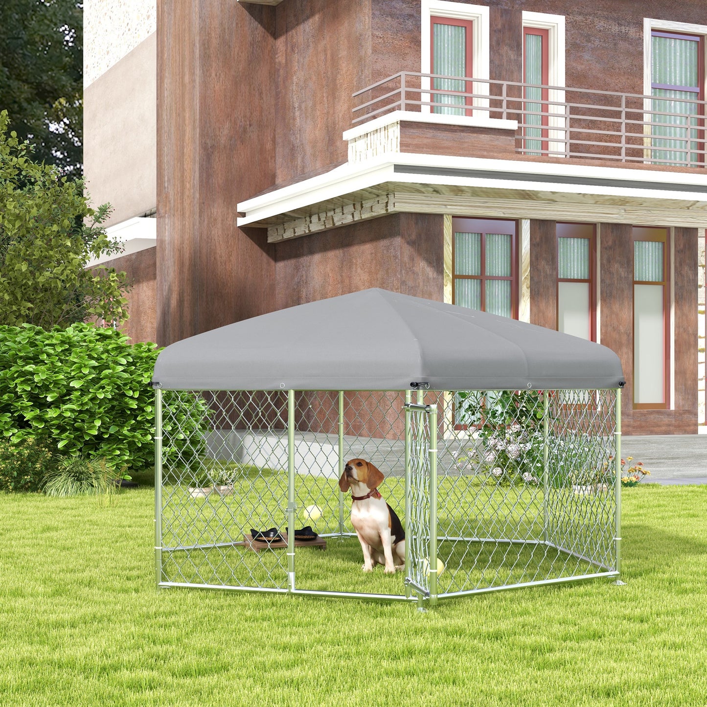 Outdoor Dog Kennel w/ Water-Resistant UV-Resistant Roof 2.1 x 1.85 x 1.5m