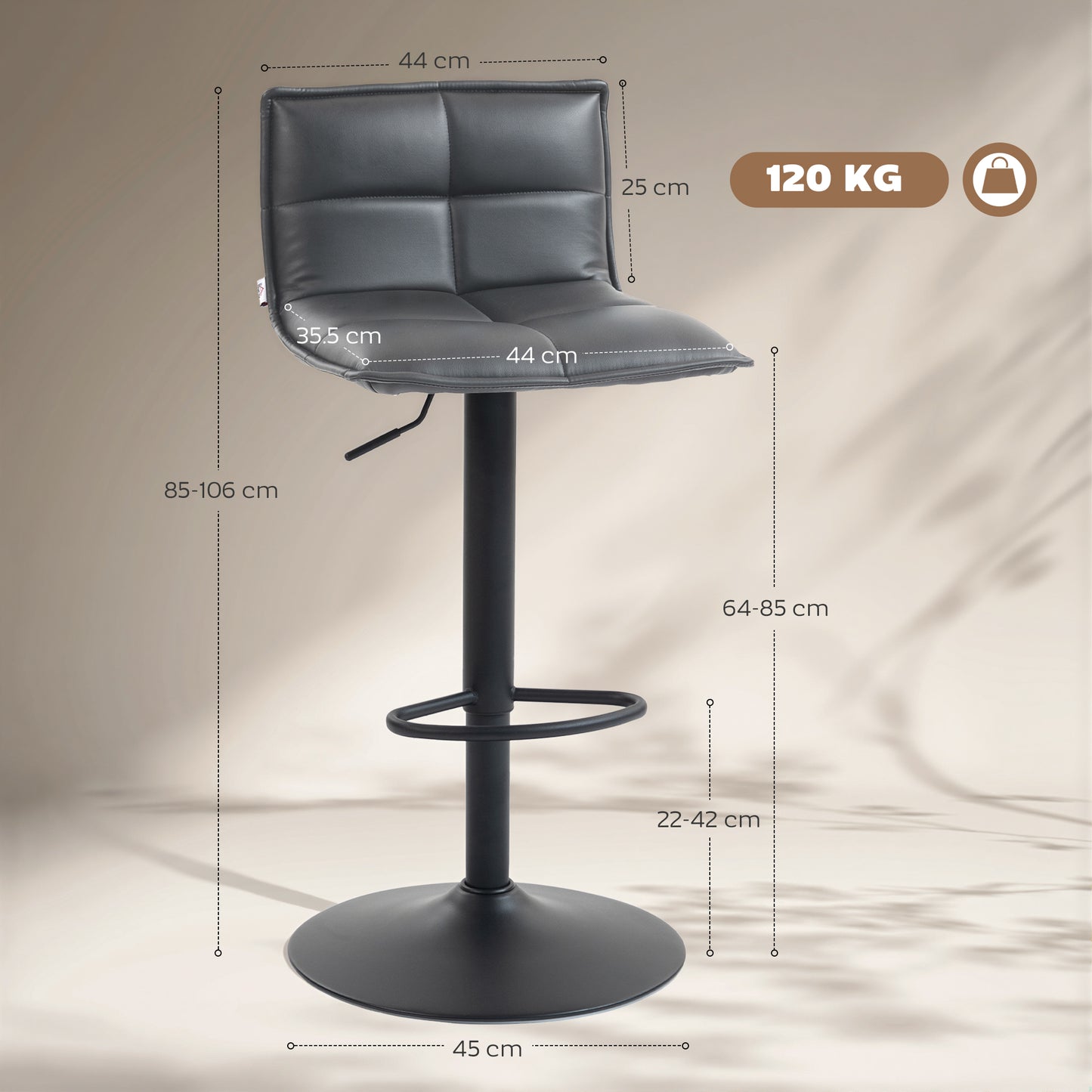 Bar Stools Set of 2 Swivel Height Adjustable Barstools Dark Grey