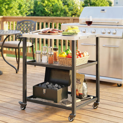 Outdoor Grill Cart, Pizza Oven Stand with Adjustable Shelf, Hooks