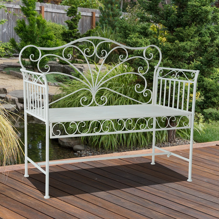 Garden 2 Seater Metal Bench Park Seating Outdoor Furniture Chair w/ Decorative Backrest White