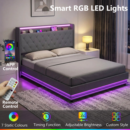 5ft King Bed Frame with Headboard, Platform Bed Frame with Hydraulic Storage, LED Lights and Charging Station, Grey