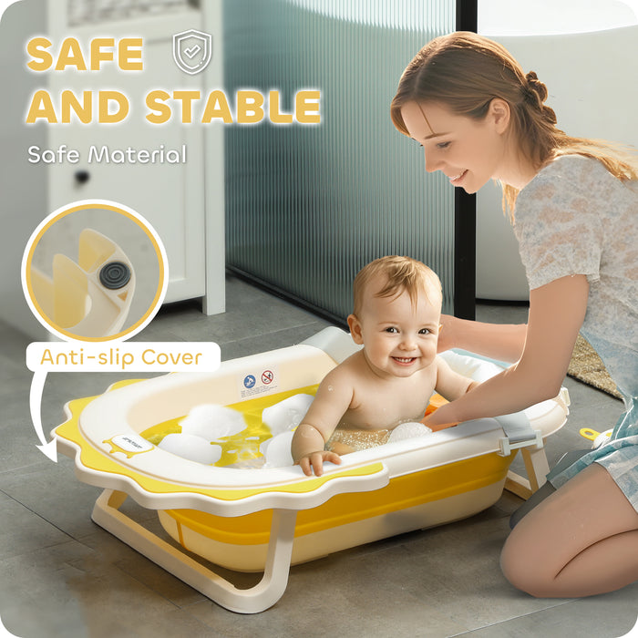 Foldable Baby Bath Tub Set with Bath Cushion, Wash Basin, Yellow