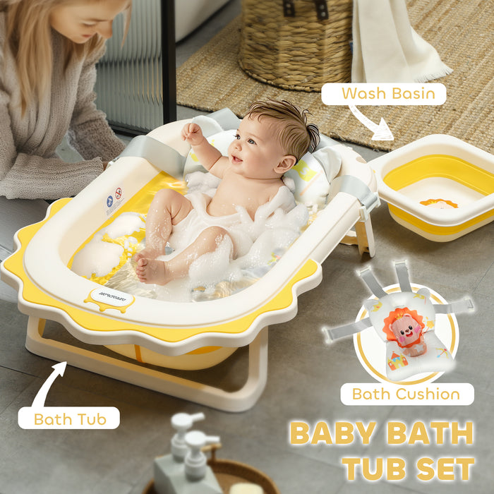 Foldable Baby Bath Tub Set with Bath Cushion, Wash Basin, Yellow