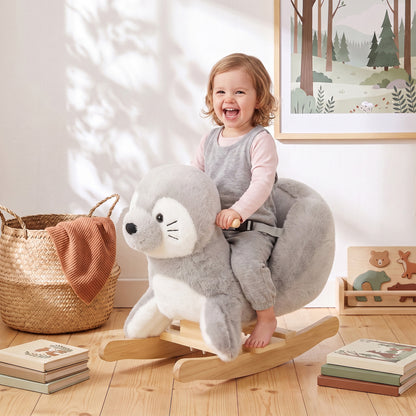 Plush Rocking Seal with Sounds and Safety Belt - Grey & White