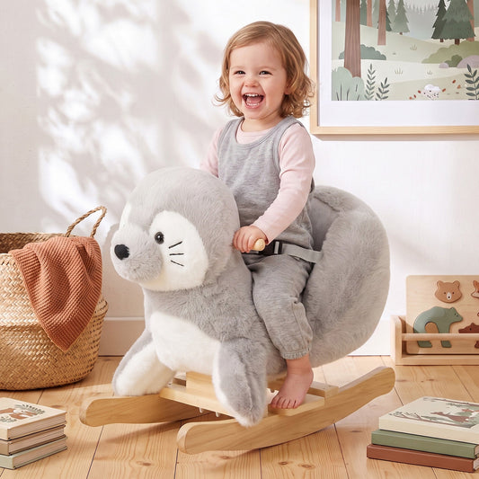 Plush Rocking Seal with Sounds and Safety Belt - Grey & White