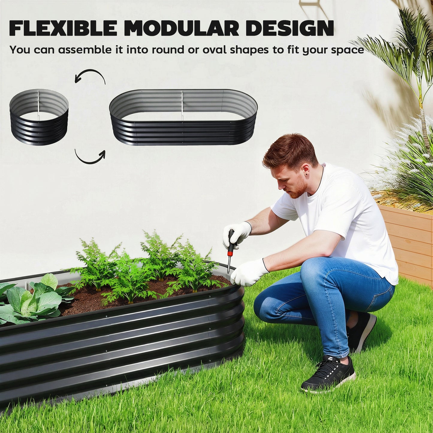 Set of 2 Raised Beds for Garden with Metal Plant Stakes, Dark Grey
